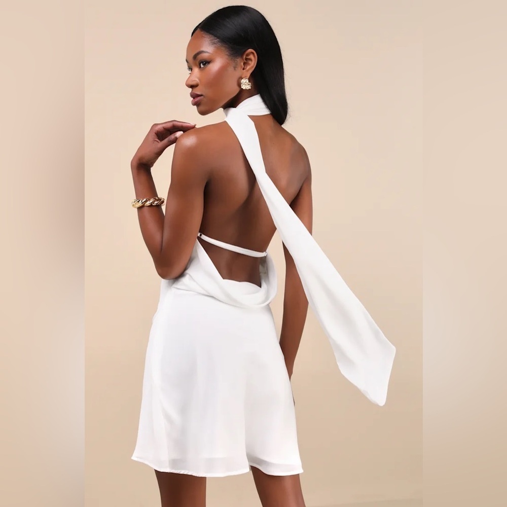 Lulus Isloda Ivory One-Shoulder Backless Sash Mini Dress